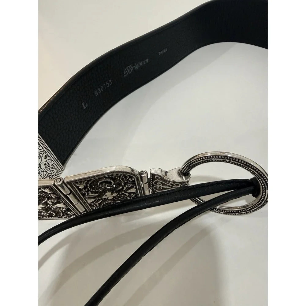 BRIGHTON SILVER BLACK LEATHER TIE WAIST BELT SZ LARGE‎
